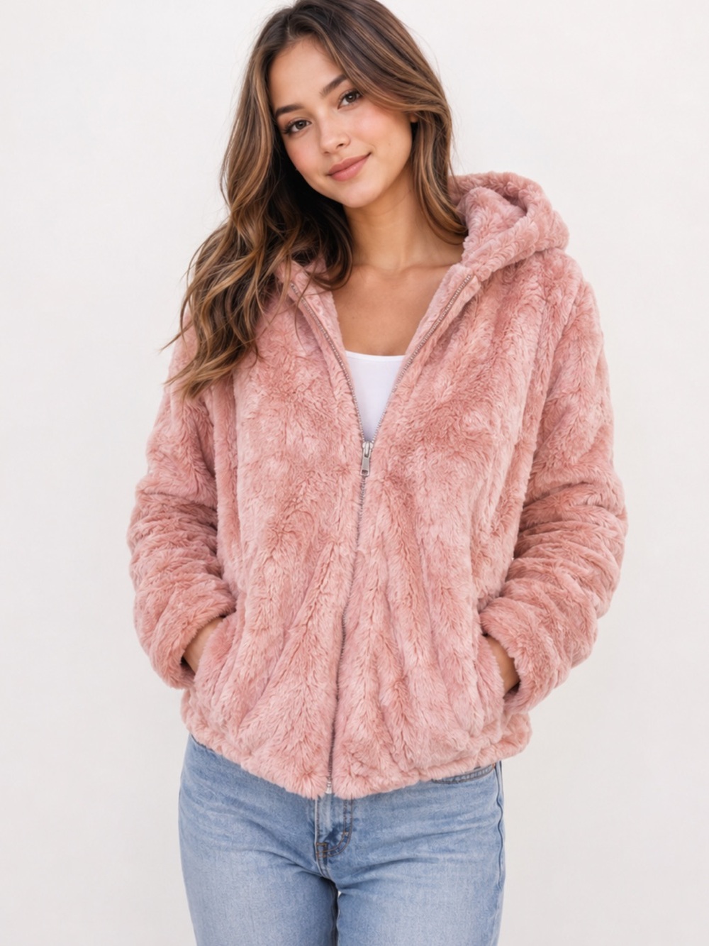 Rampage Pink Faux Fur Zip Hoodie Jacket Y2K Cozy Plush Soft Girl